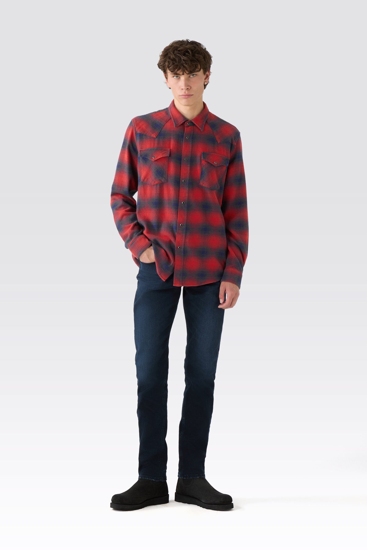 MAN WESTERN SHIRT - RED/NAVY CHECK RINSE