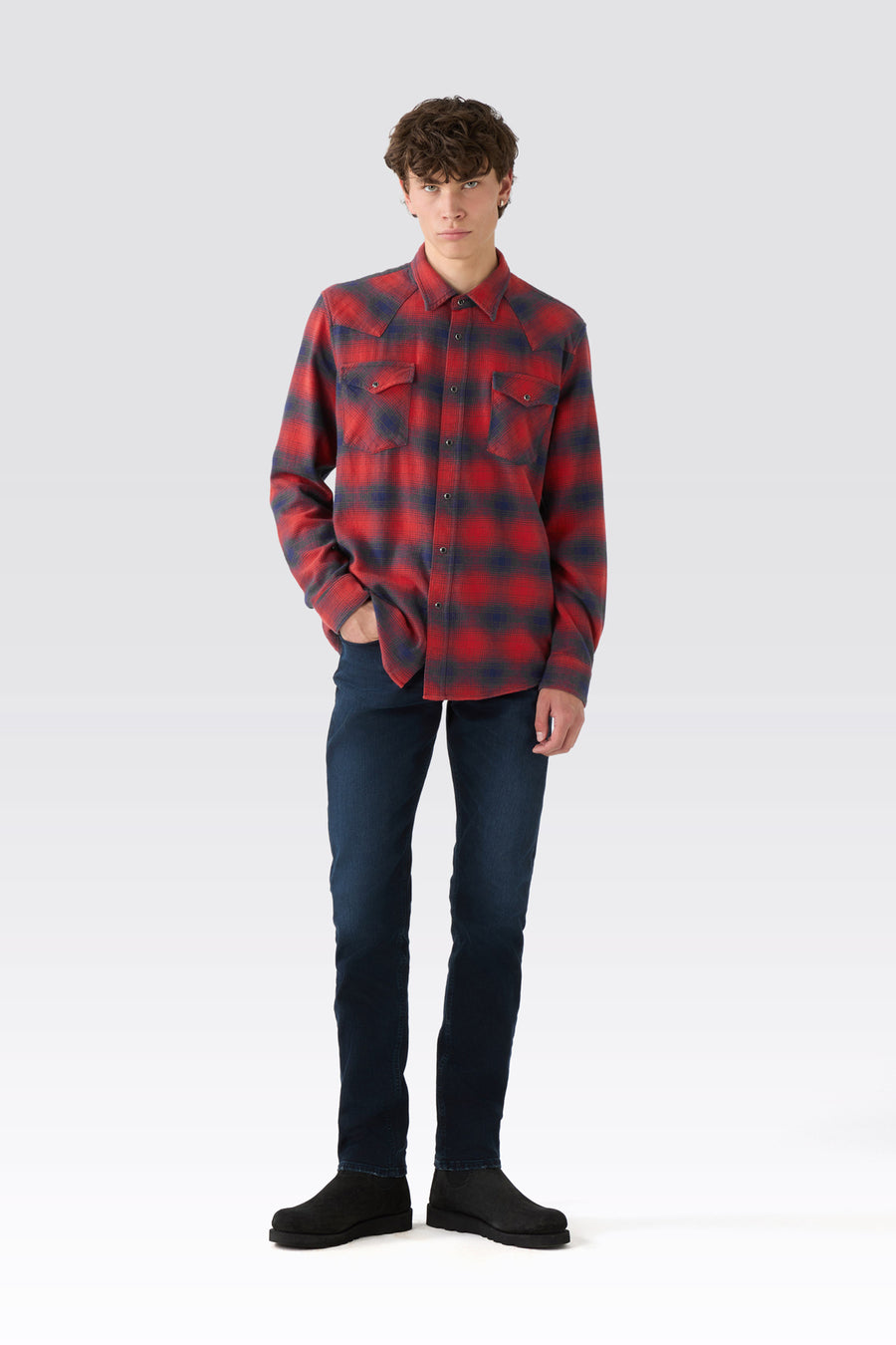 MAN WESTERN SHIRT - RED/NAVY CHECK RINSE